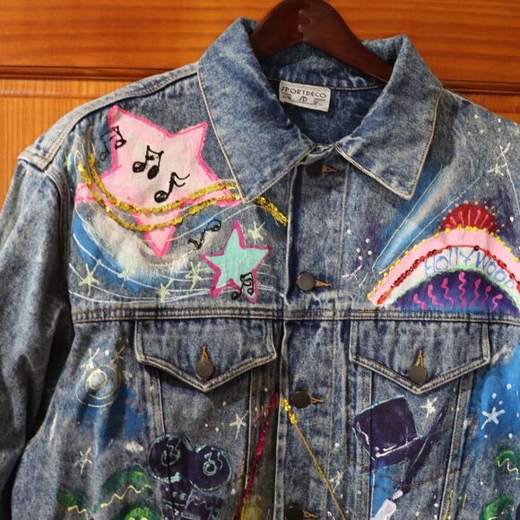 Vintage 80s Sport Deco Hand Painted Hollywood Denim Jacket Sequins Medium - Picture 5 of 16